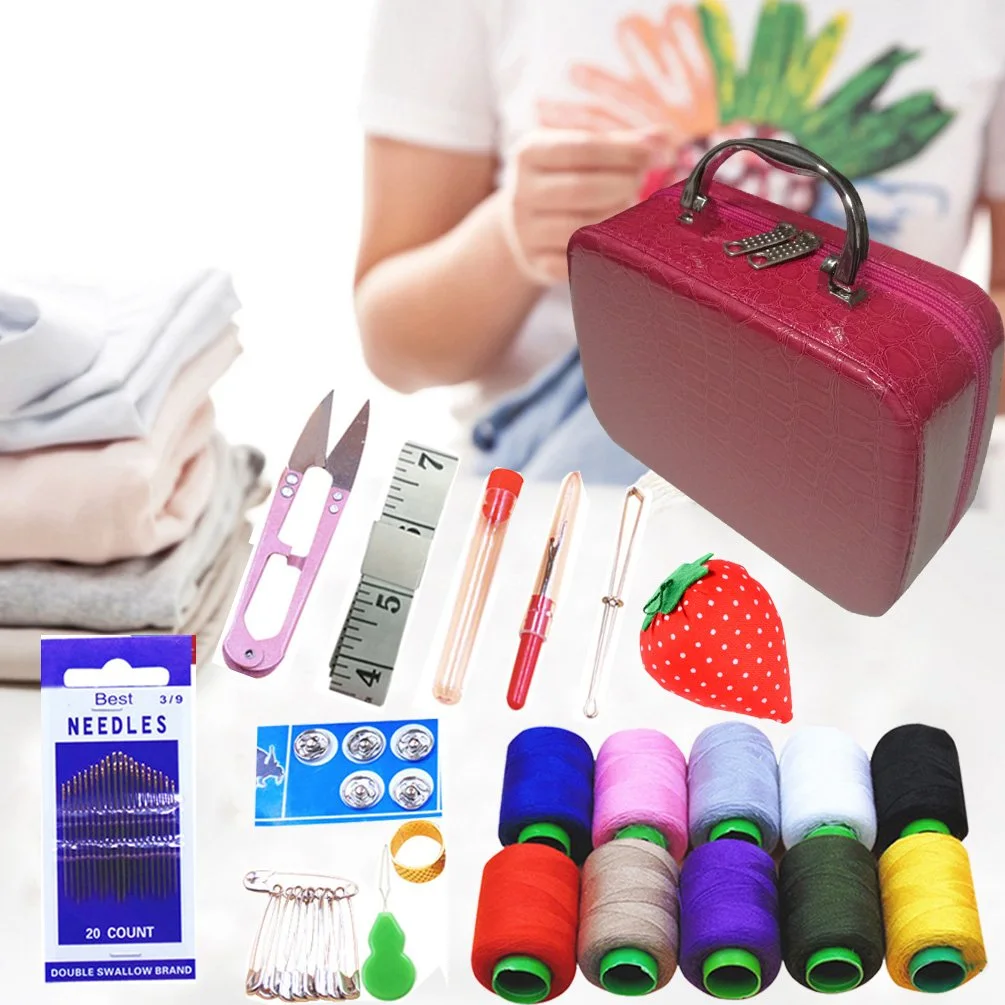 Deluxe Basic Sewing Kit Box Small Vintage Storage Bag Organizer for Girl Kids,Women Men Adults,Travel,Beginners,Emergencies with Handmade Quality Supplies and Notions (Hot Pink)