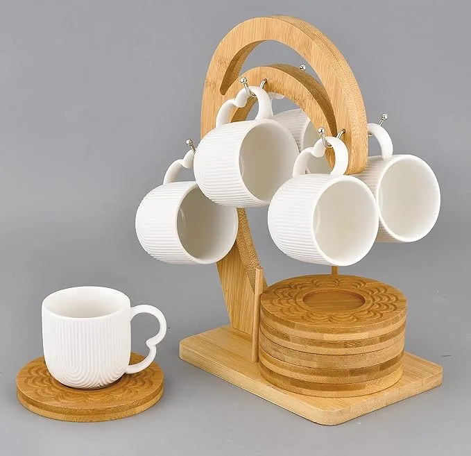 Bone China Shallow tea cup set & bamboo saucer with bamboo stand 90ml