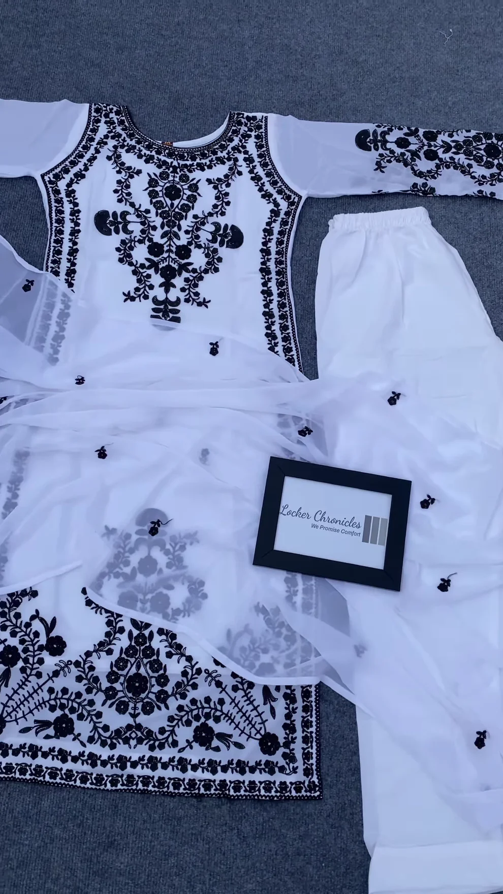 Elegant White Embroidered Chikankari Kurta Set with Dupatta and Pants